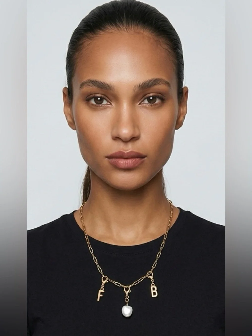 Gold Paperclip Initial Charm Necklace Pearl Custom Letter FB (Football) Layering